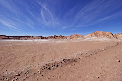 The bare sand and rock of the Atacama Desert under a cloudless sky near San Pedro