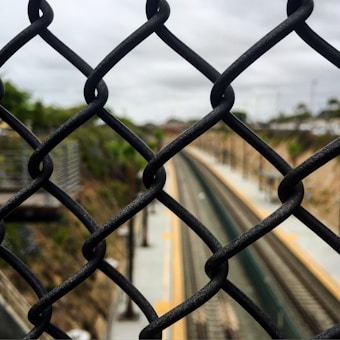 A chain-link fence is prominently featured in the foreground, with train tracks visible in the distance blurred by depth of field. The setting appears to be outdoors, with overcast skies and greenery partially visible on the sides.