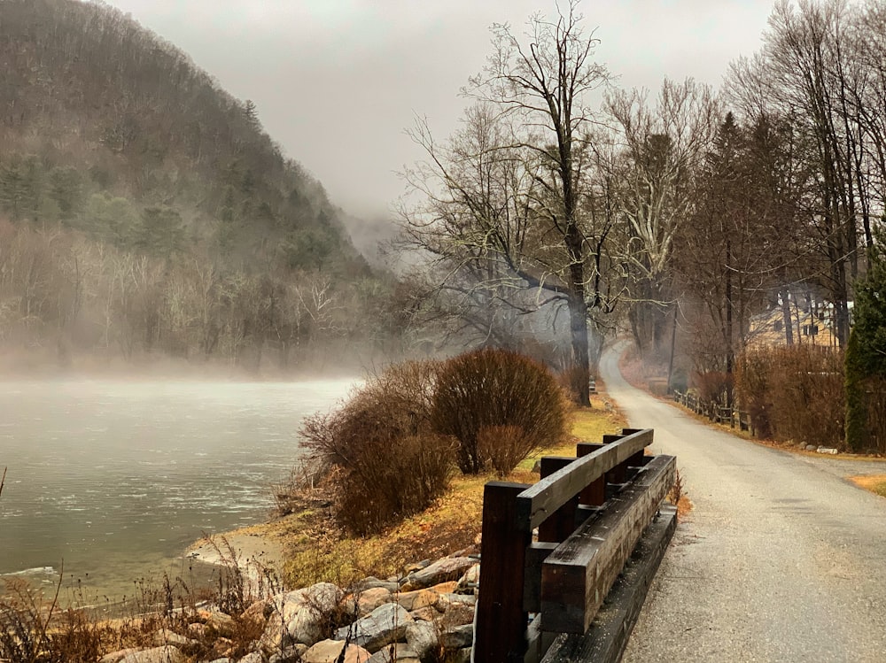 brown wooden dock on lake during foggy day