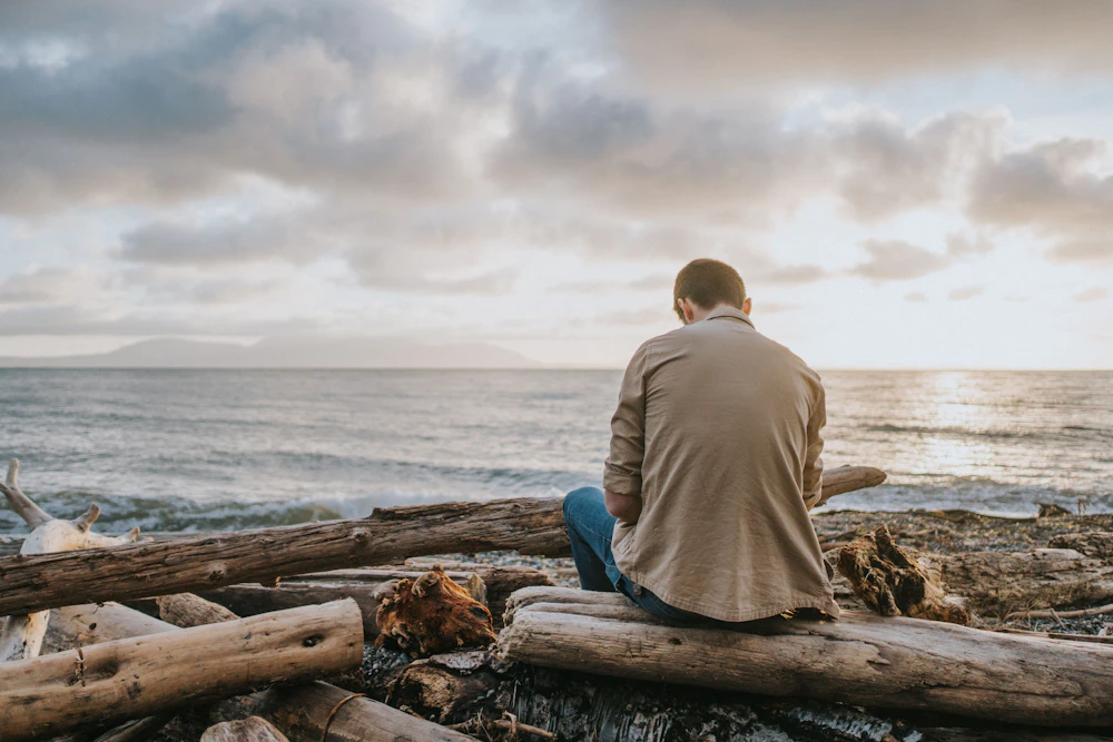 A man in a gray hoodie sitting on a driftwood log beside the water