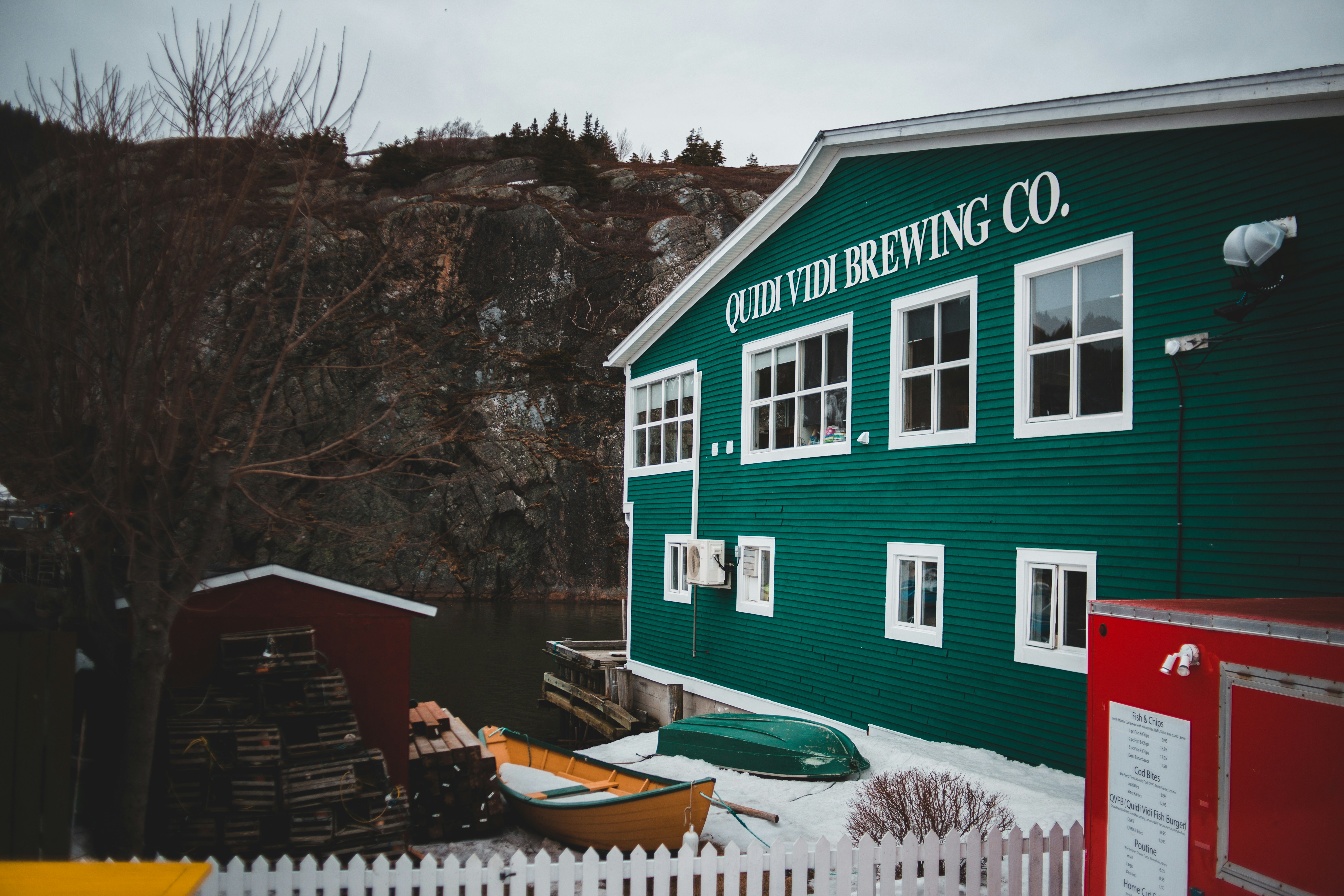 green and white wooden house near brown trees during daytime
