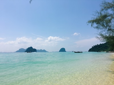 A serene beach with clear turquoise waters gently lapping against the sandy shore. Several longtail boats are floating on the water, and towering limestone islands are visible in the distance under a bright blue sky. Lush greenery is visible on the right side, adding a natural border to the idyllic scene.