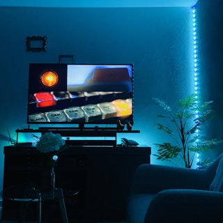 A cozy room illuminated by blue LED lights features a modern entertainment setup with a TV screen displaying a close-up of a control panel. The TV stand holds various electronic components, while a comfortable couch is partially visible. Decorative elements include a potted plant and a small table with a vase of white flowers.