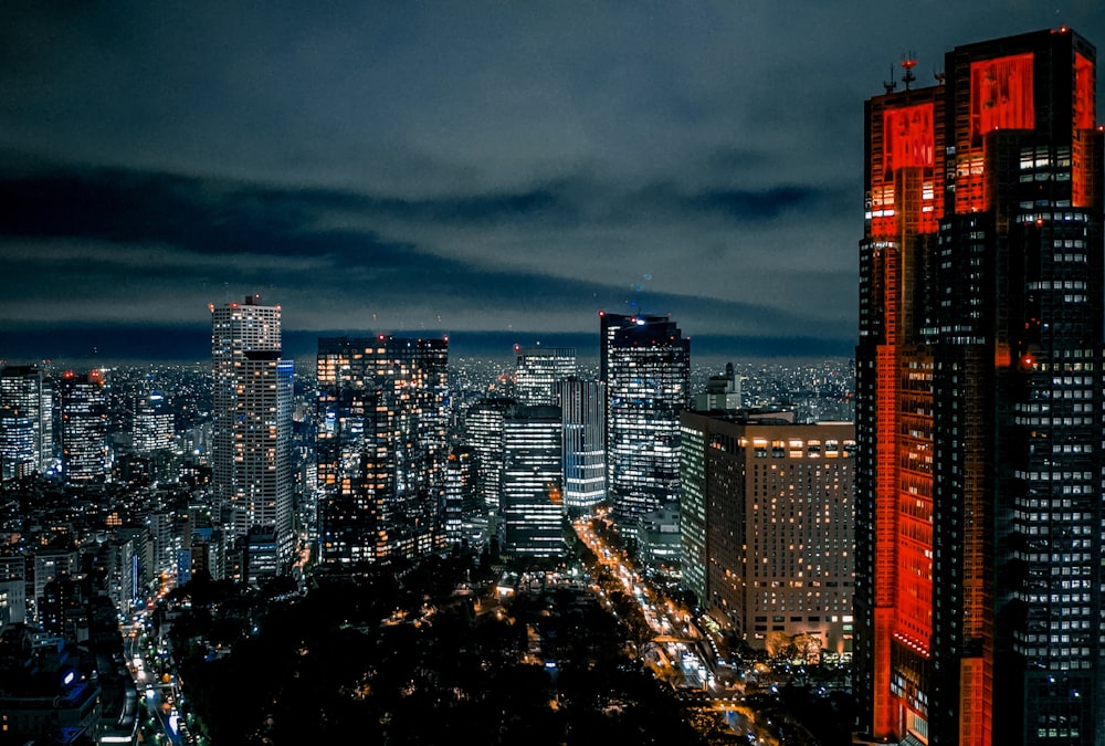 city skyline during night time