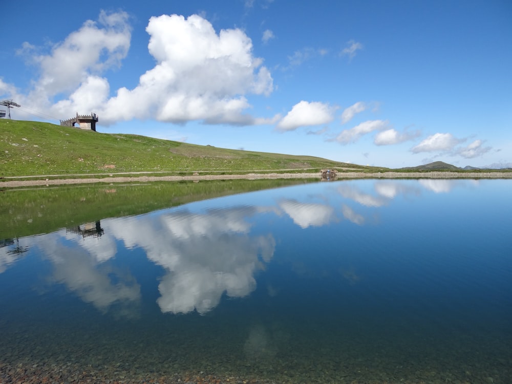 campo de grama verde ao lado do lago sob o céu azul durante o dia