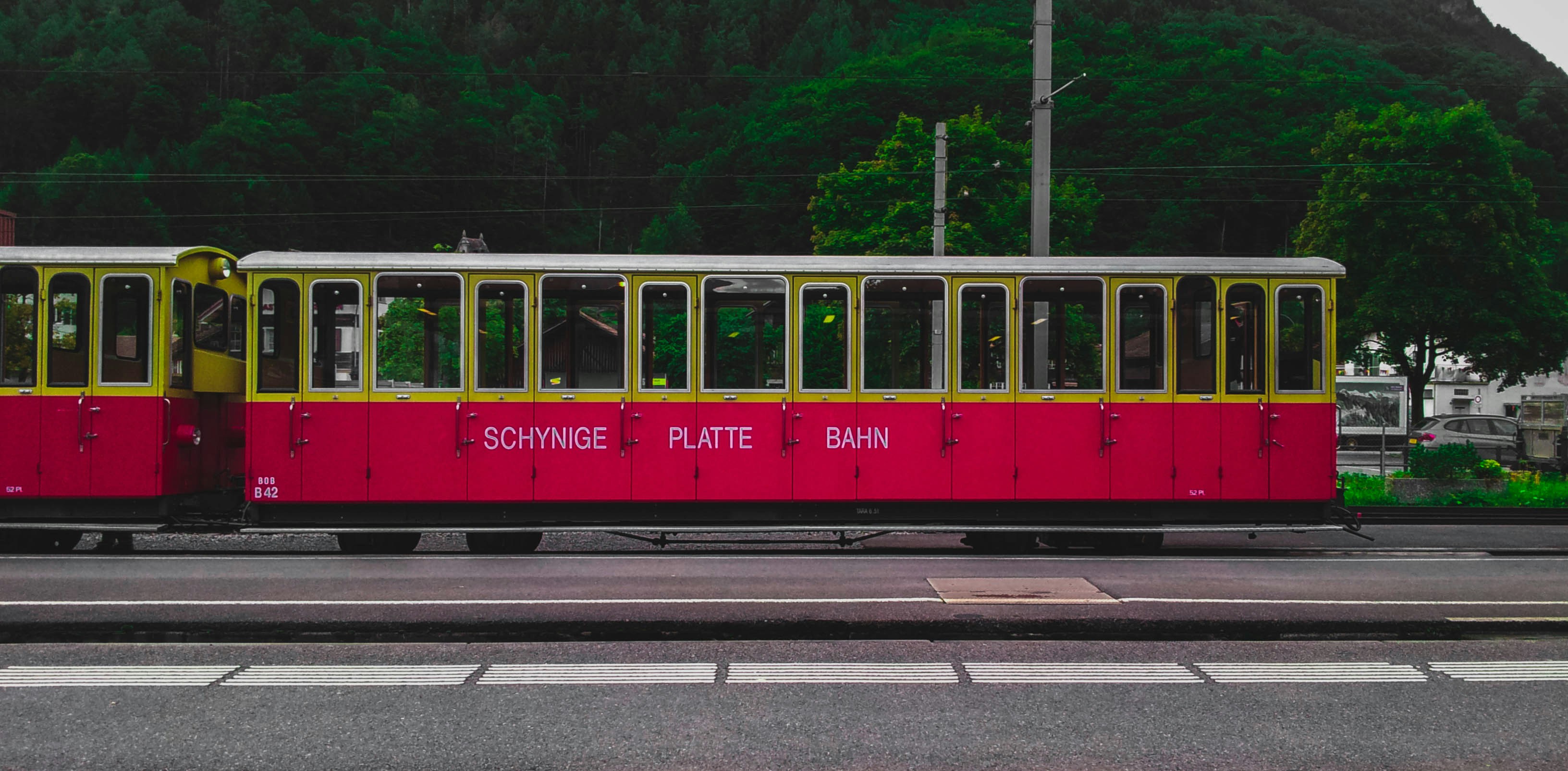 Gelber und roter Zug auf der Schiene