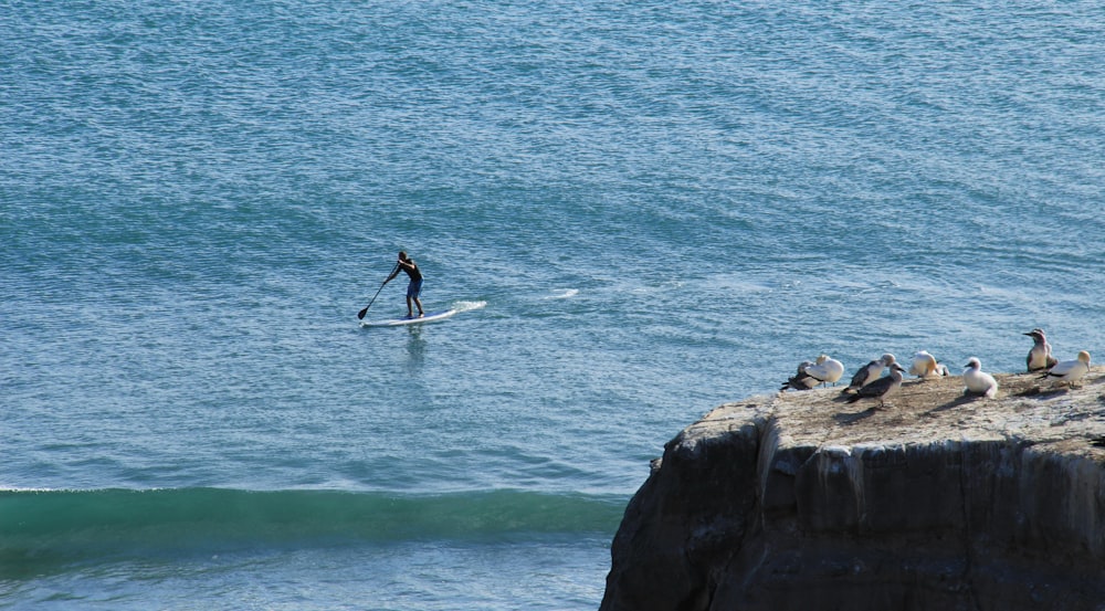 man in black shirt and black shorts standing on white surfboard on sea during daytime