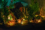 A miniature house with a textured roof is surrounded by small trees and plants, illuminated by warm, glowing lights that create a cozy and inviting atmosphere.