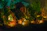 Close-up of a handcrafted miniature Japanese house glowing softly under warm amber lighting.