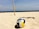A volleyball rests on a sandy beach with clear skies above. Bamboo poles with a net are set up in the background, suggesting a beach volleyball area. Distant boats and people can be seen near the shoreline.