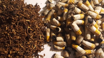 A pile of used cigarette butts is placed beside a pile of loose tobacco on a flat surface. The cigarette butts are predominantly worn, indicating heavy use, and display a mix of yellow and white colors with burnt ends. The loose tobacco nearby is brown and appears dry.