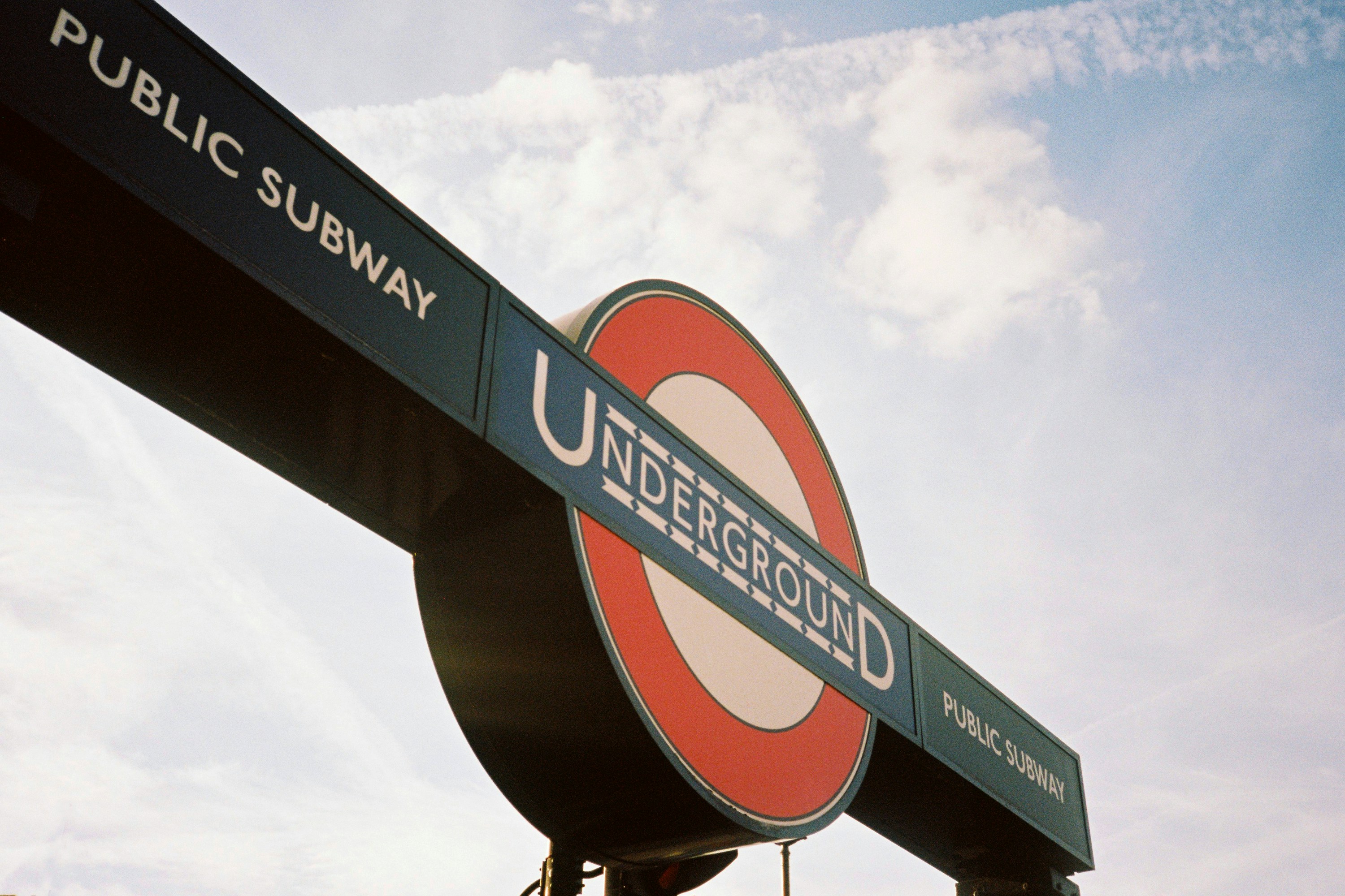 A London Underground Public Subway sign in London, England. Shot on film.