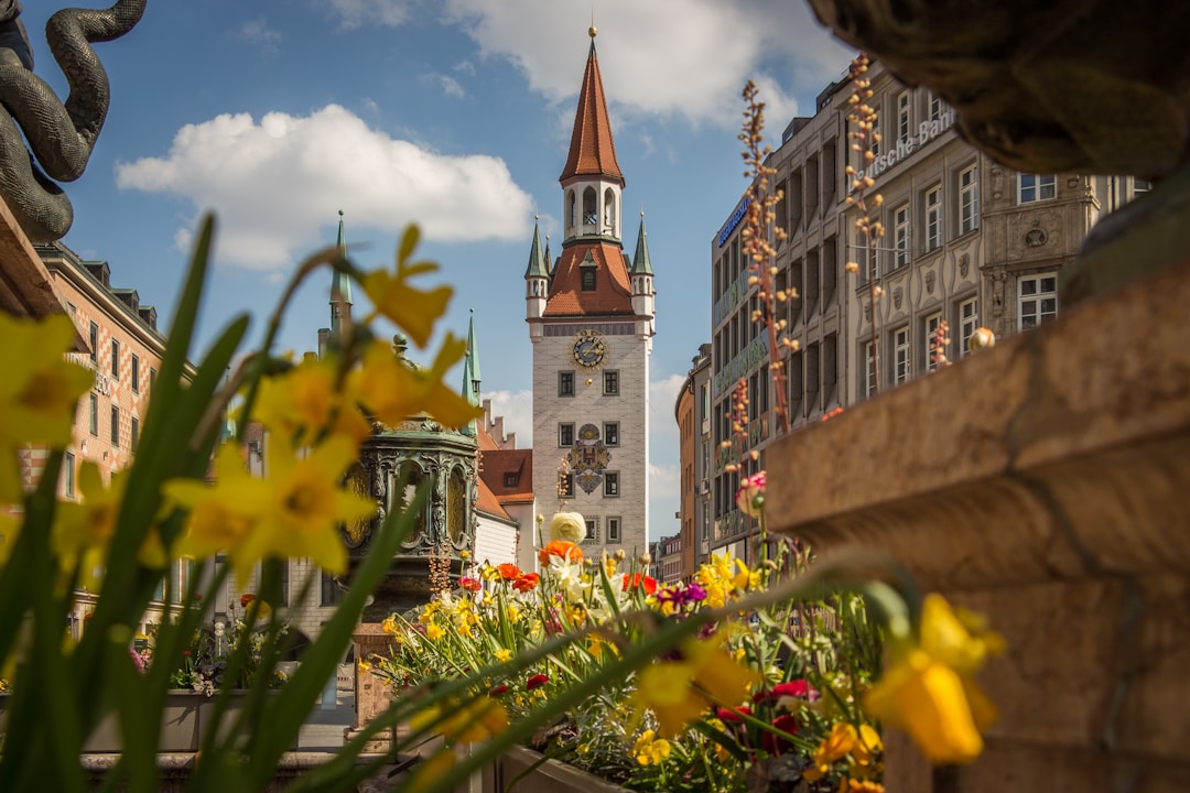 Munich - Altes Rathaus clock tower rising above Marienplatz with spring flowers in the foreground
