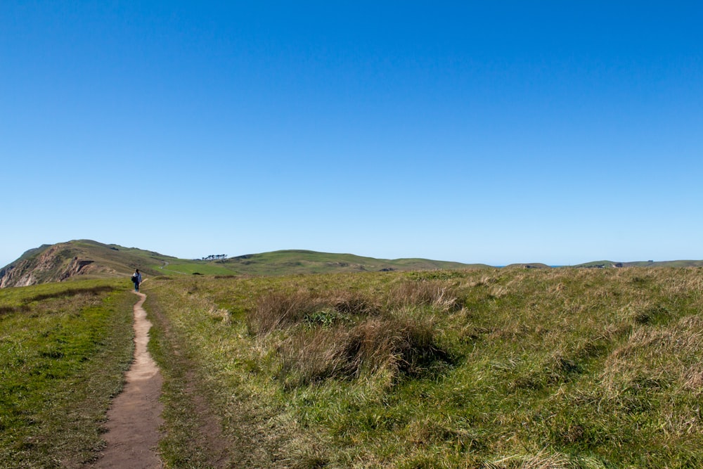 person walking on dirt road between green grass field under blue sky during daytime