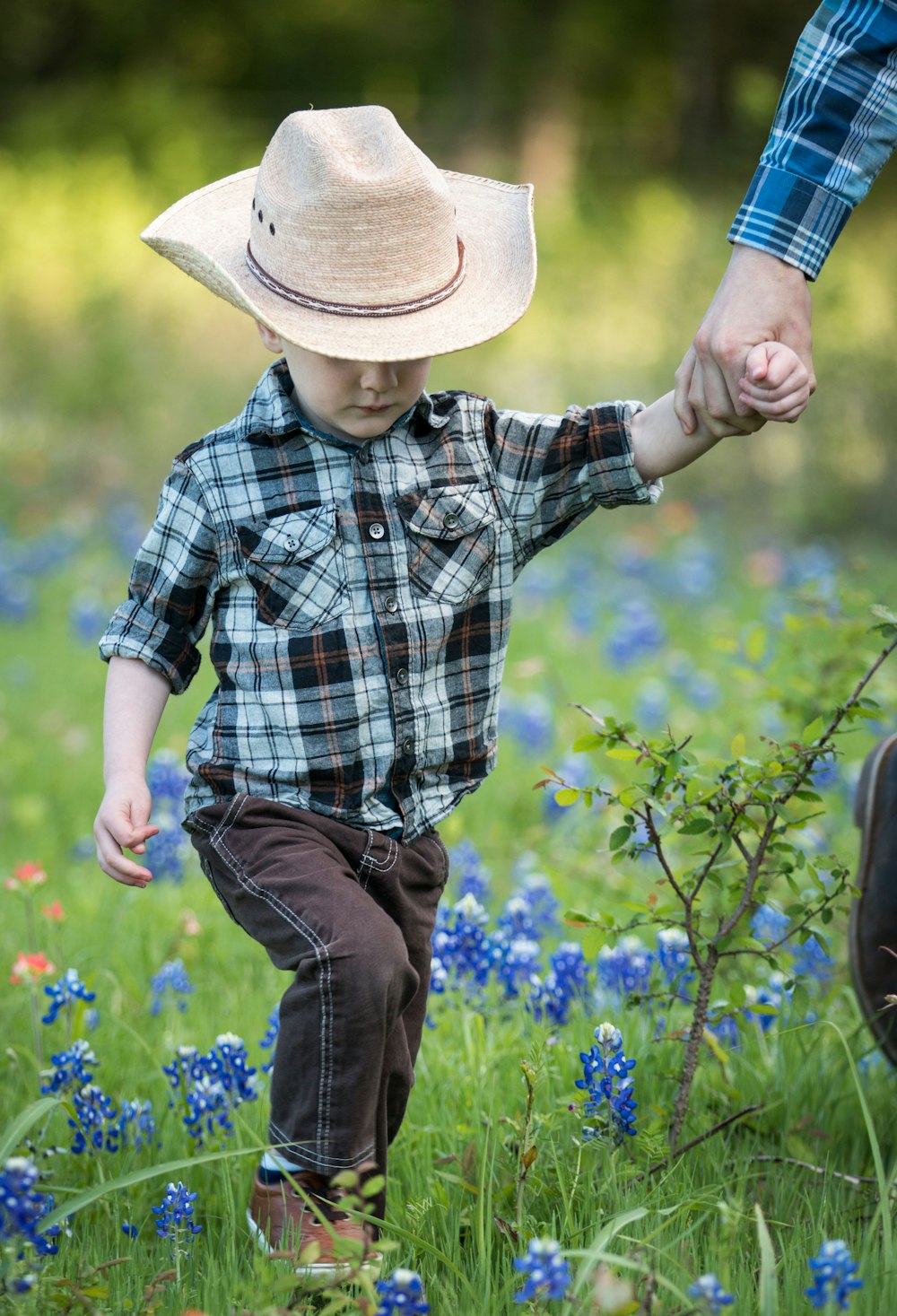 man in blue and white plaid dress shirt wearing brown cowboy hat standing on yellow flower