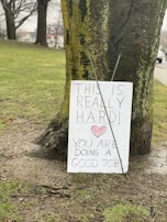A large tree trunk on a grassy area with a handmade sign leaning against it. The sign has encouraging words written in bold letters, expressing support and empathy. A small heart is drawn below the text. The background shows a few bare trees and hints of urban surroundings.