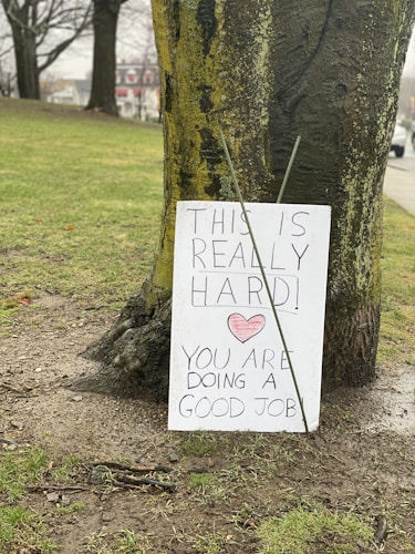 A large tree trunk on a grassy area with a handmade sign leaning against it. The sign has encouraging words written in bold letters, expressing support and empathy. A small heart is drawn below the text. The background shows a few bare trees and hints of urban surroundings.