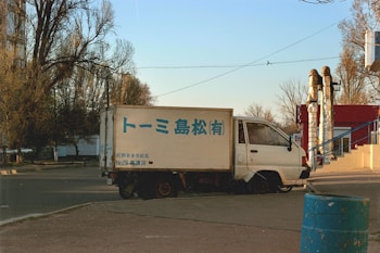 A small white delivery truck is parked on the side of the road. The truck has blue writing on its side, and the surrounding area includes leafless trees and a small red building. The scene is set in an urban environment with a clear sky and afternoon lighting.