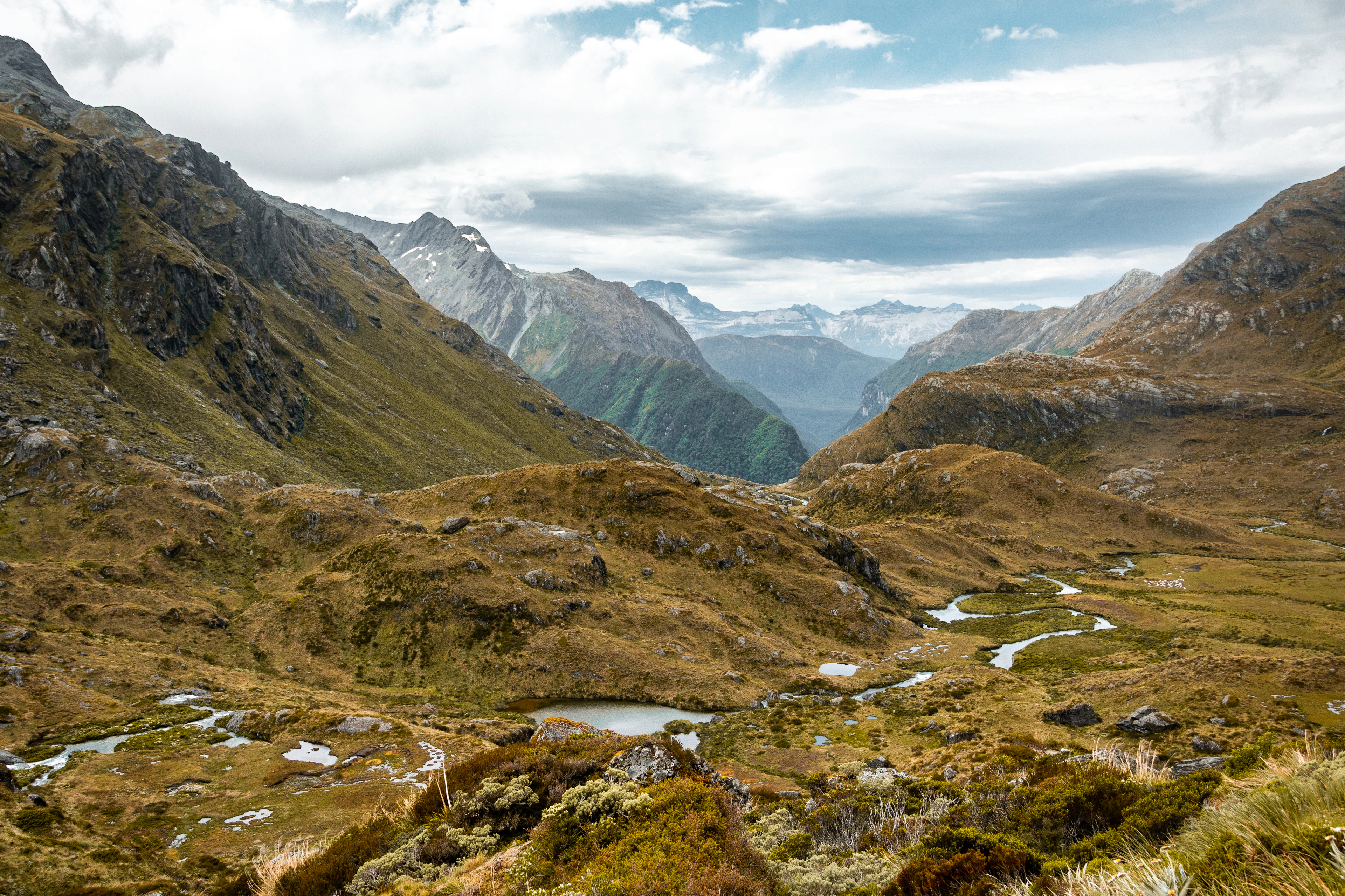 An alpine valley of tarns and tussock on the Routeburn Track, with a mountain range beyond