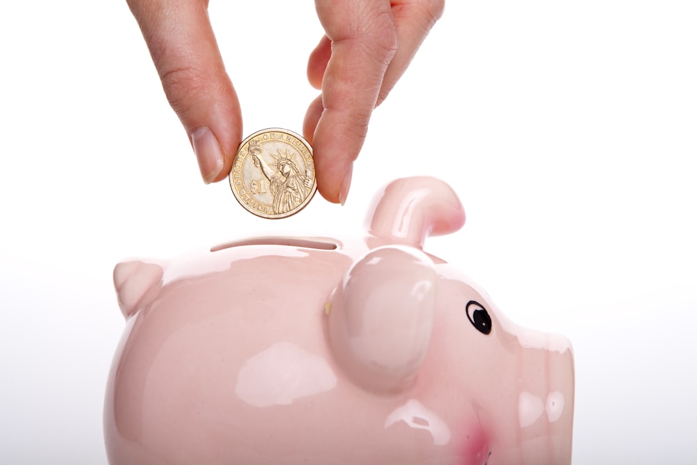 silver round coin on white ceramic pig coin bank