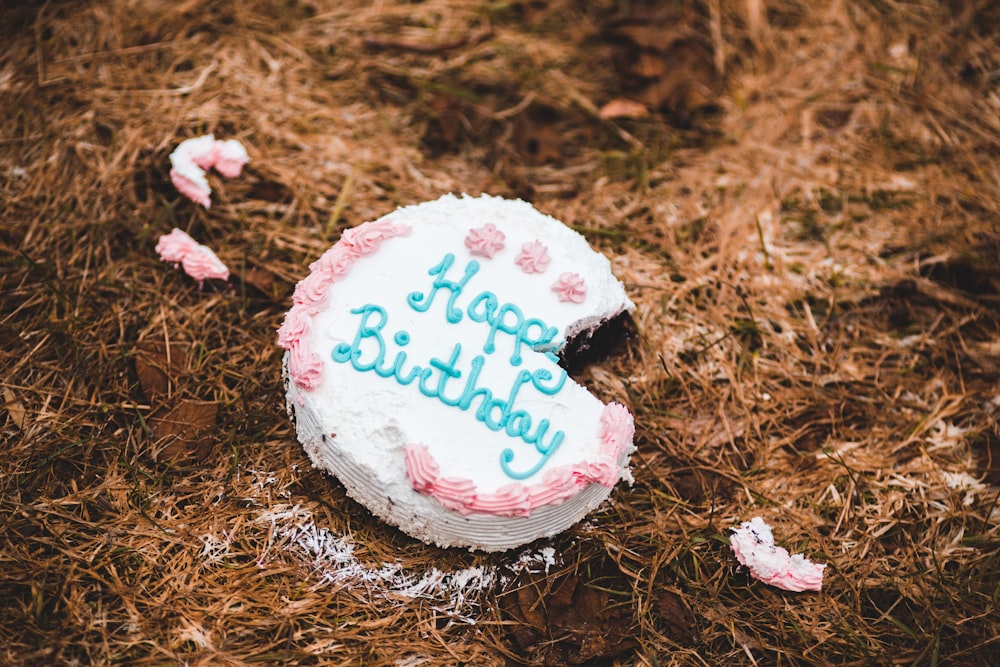 happy birthday cake on brown dried leaves