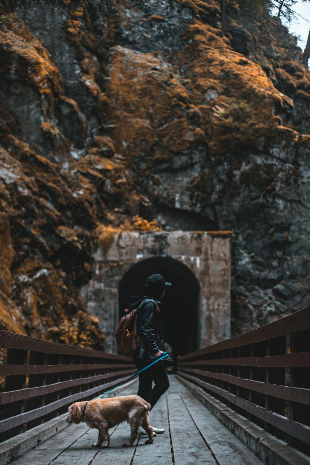 woman in black jacket standing on brown wooden bridge