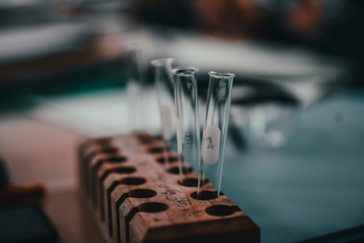 A wooden test tube rack holds two empty glass test tubes labeled with numbers or letters. The background is blurred, focusing attention on the foreground objects.