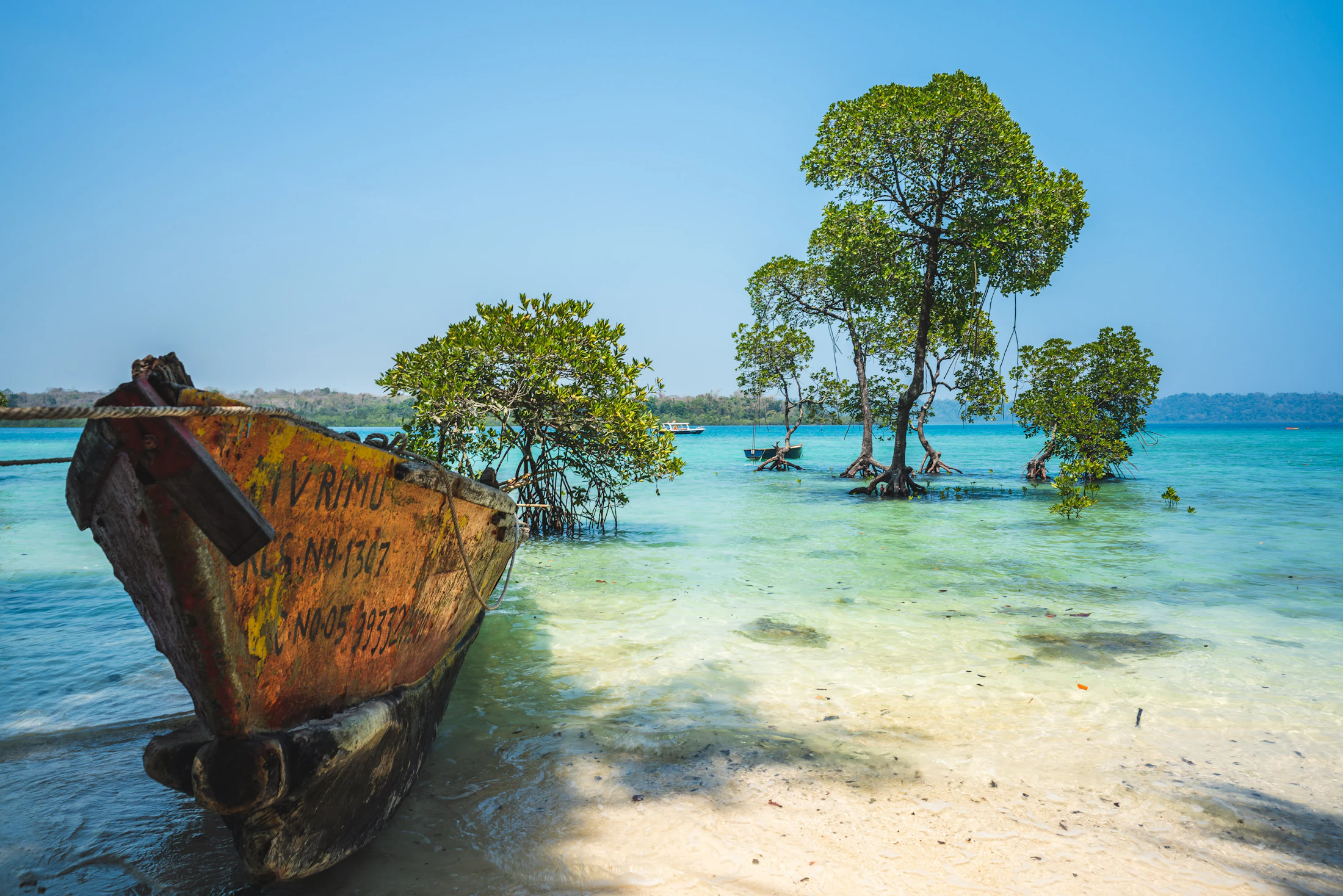 A beached wooden boat and mangroves standing in turquoise shallows, Andaman