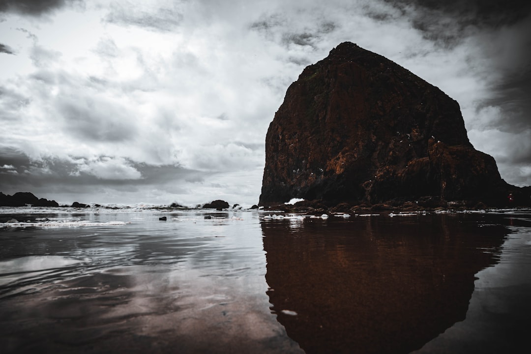 brown rock formation on body of water under cloudy sky during daytime