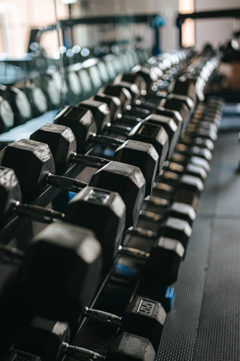 Illustrative photograph of a gym dumbbell rack