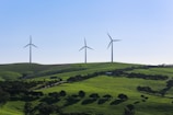 Tall white wind turbines spinning gracefully against a backdrop of green fields.