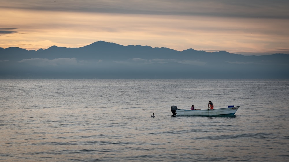 2 Personen fahren während des Sonnenuntergangs auf dem Kajak auf See