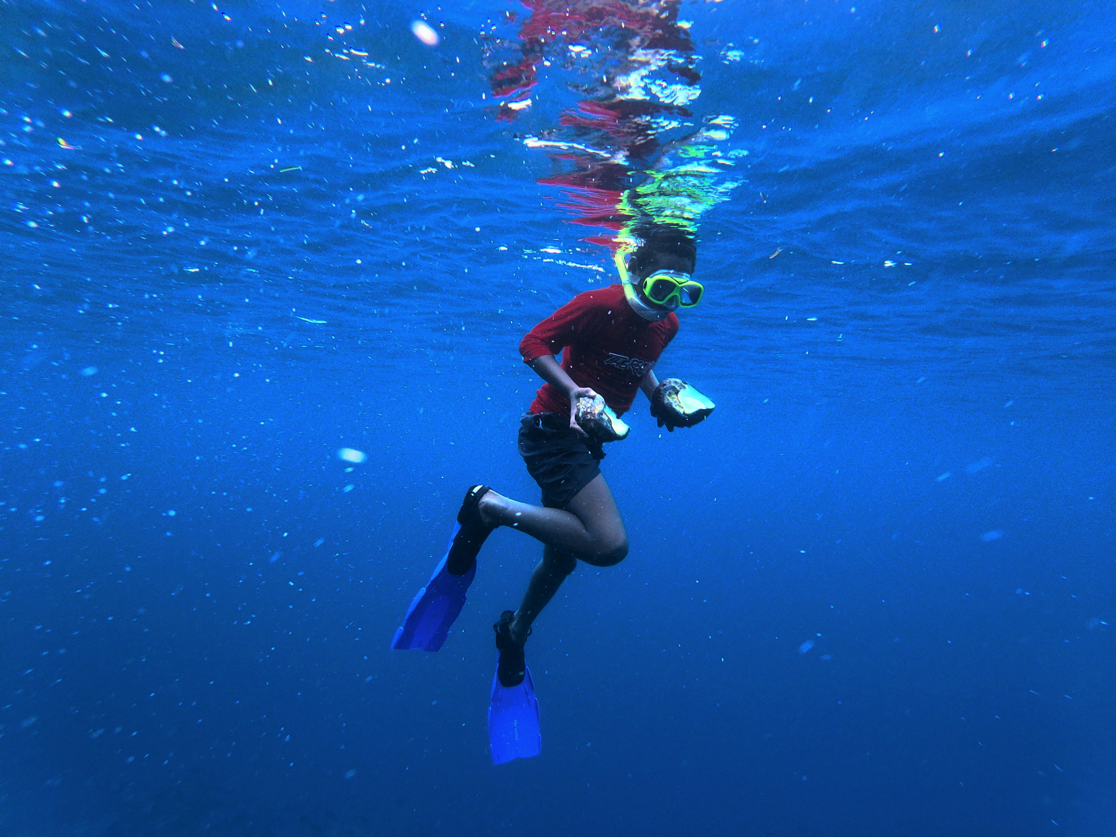 person in black and red wet suit in water