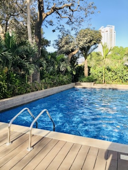 A sparkling clean swimming pool surrounded by lush greenery.