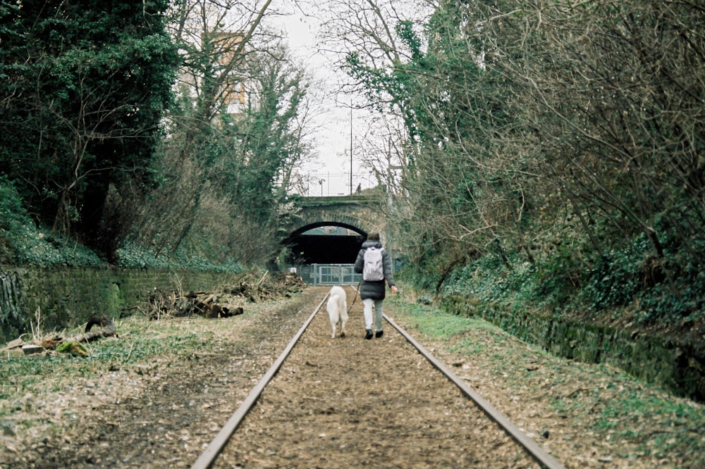 man in white shirt and blue denim jeans walking on train rail during daytime
