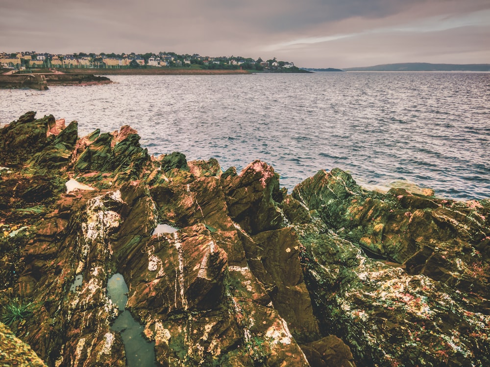 brown and green rock formation on sea under blue sky during daytime