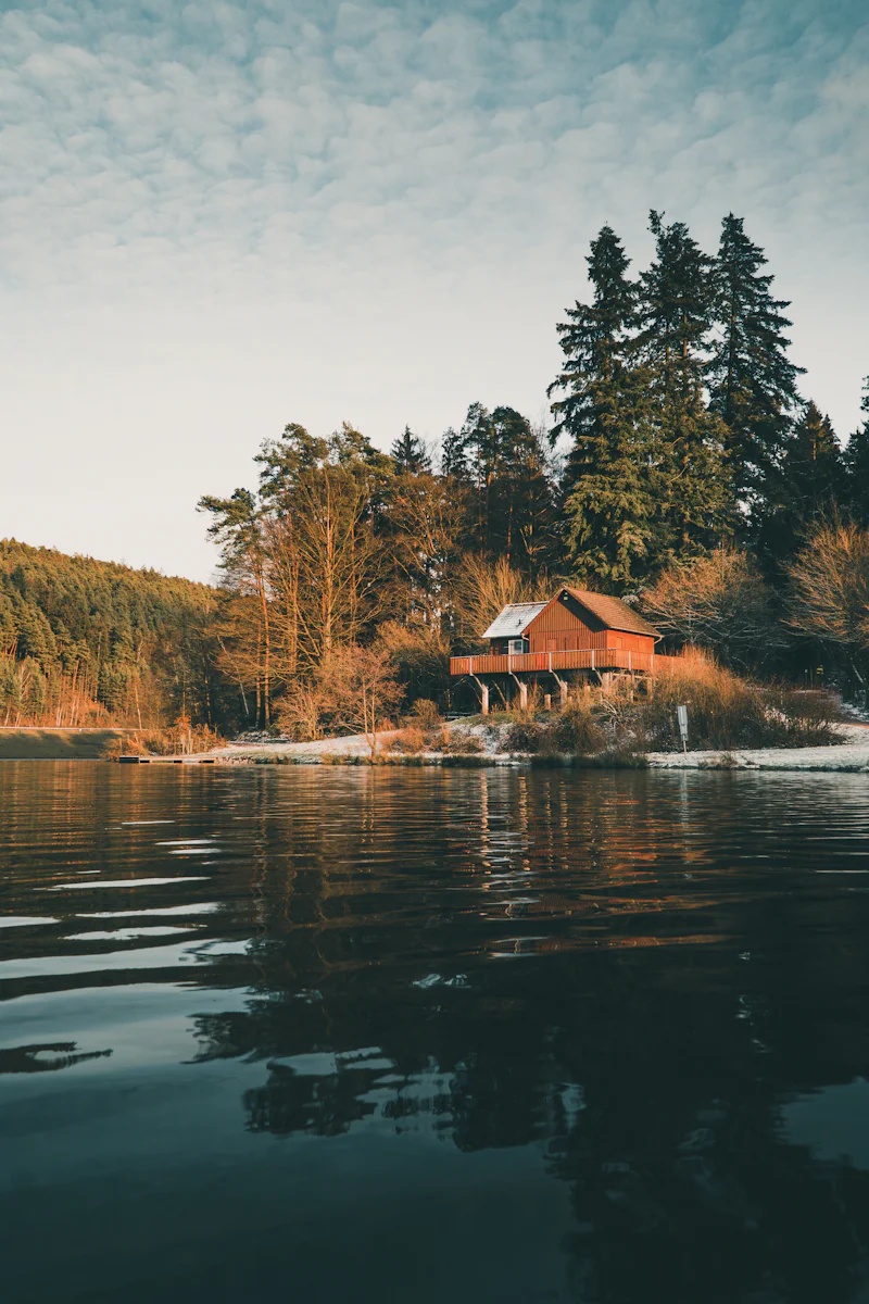 Brown wooden house near a lake surrounded by trees