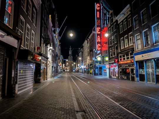 cars on road between buildings during night time in Rembrandtplein Netherlands