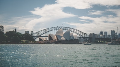 The iconic Sydney Opera House and the Sydney Harbour Bridge are prominently featured, with surrounding waters and a skyline of urban buildings under a partly cloudy sky.