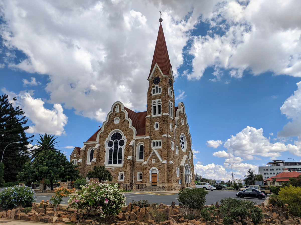 The historic Christ Church in central Windhoek beneath a dramatic sky