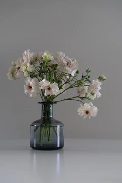 A sleek, minimalist floral arrangement featuring white flowers and lush green leaves in a modern vase.