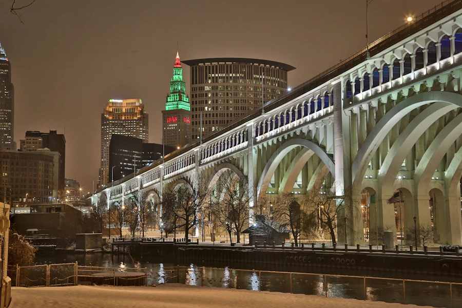 Detroit-Superior Bridge lit up at night