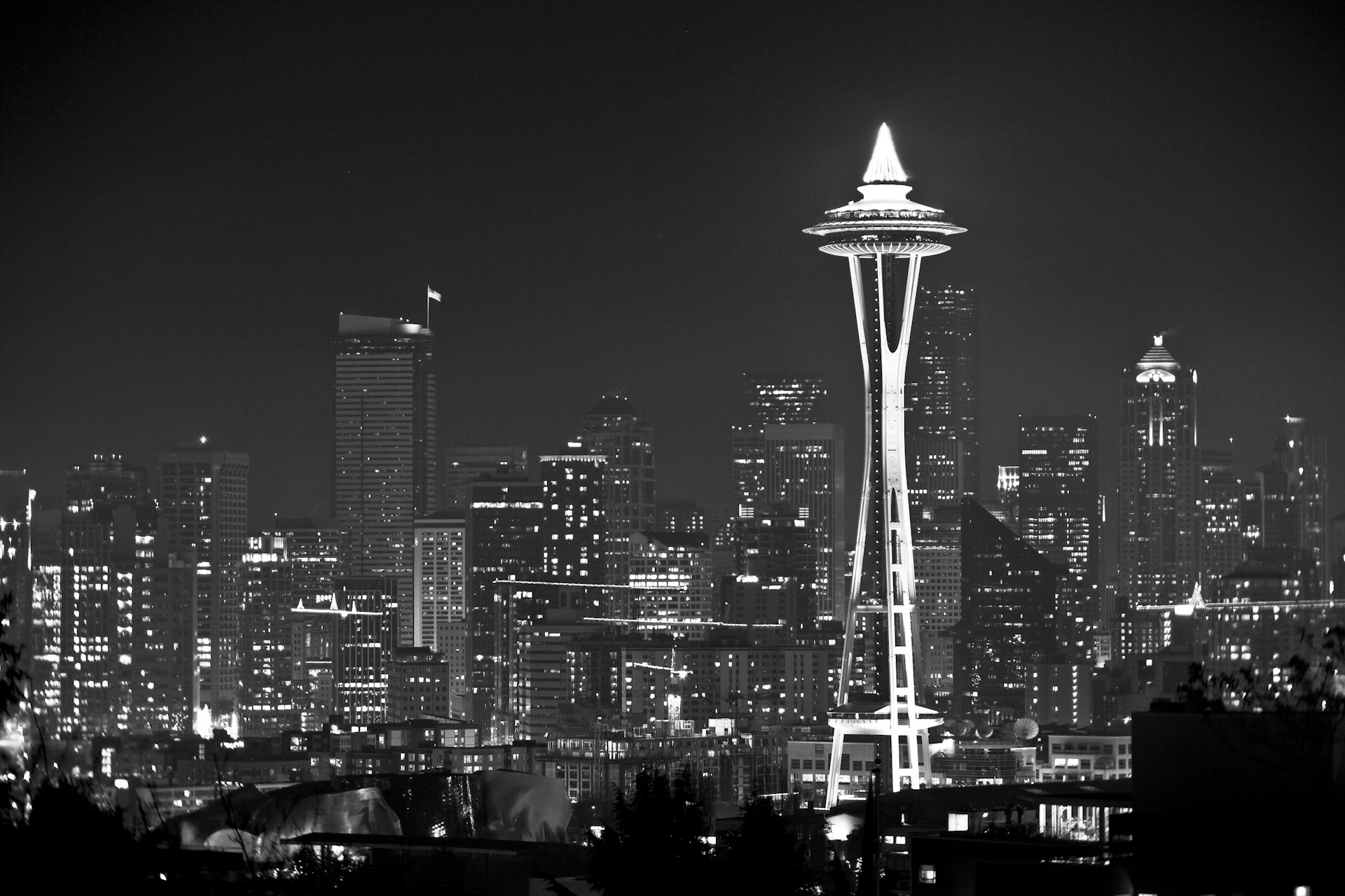 grayscale photo of high rise buildings