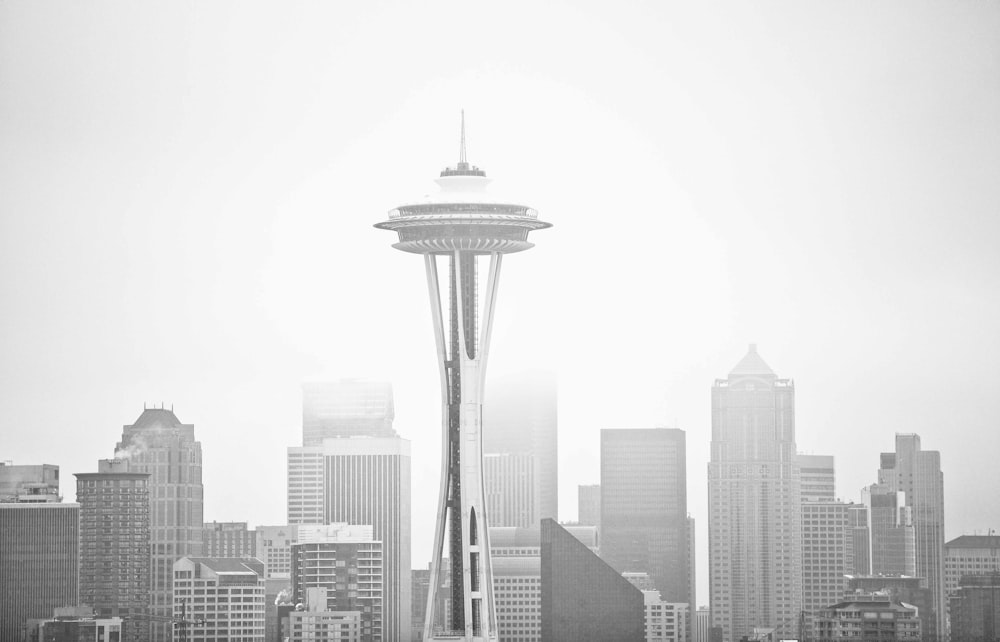 grayscale photo of high rise buildings