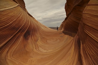 person in black jacket standing on brown rock formation during daytime