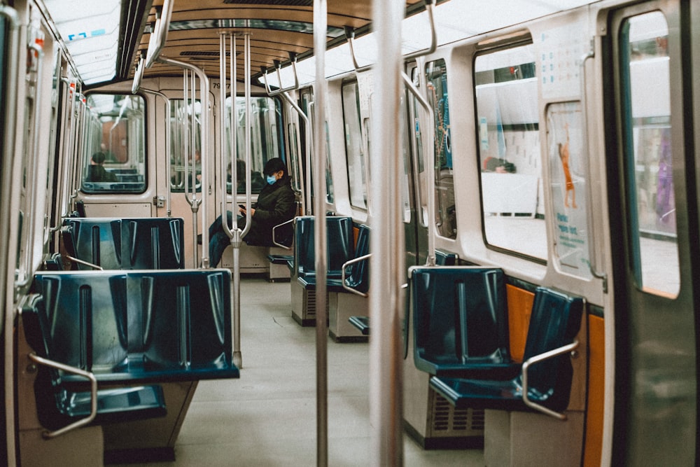 blue and white bus seats