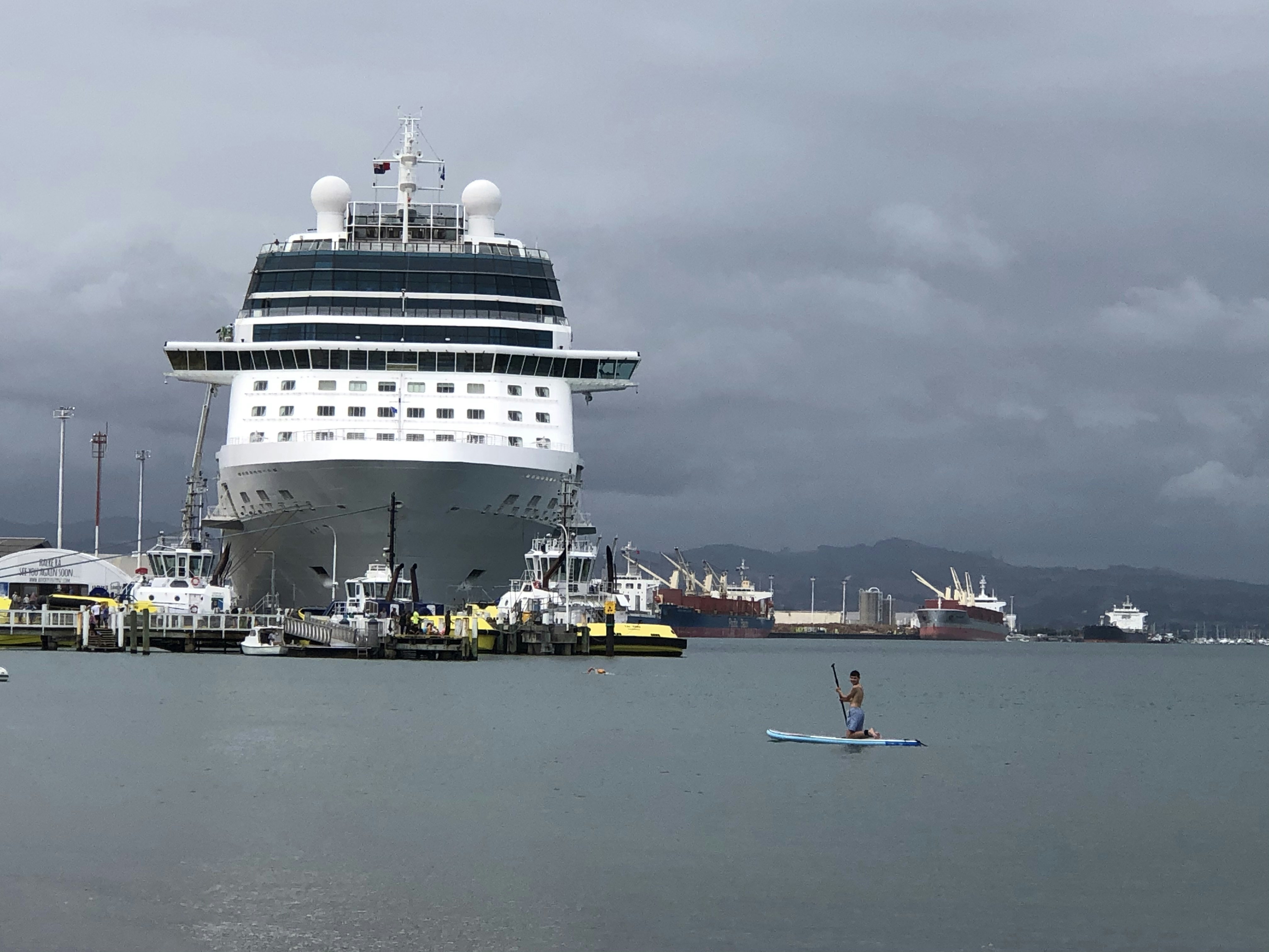 white and black cruise ship on sea under gray sky