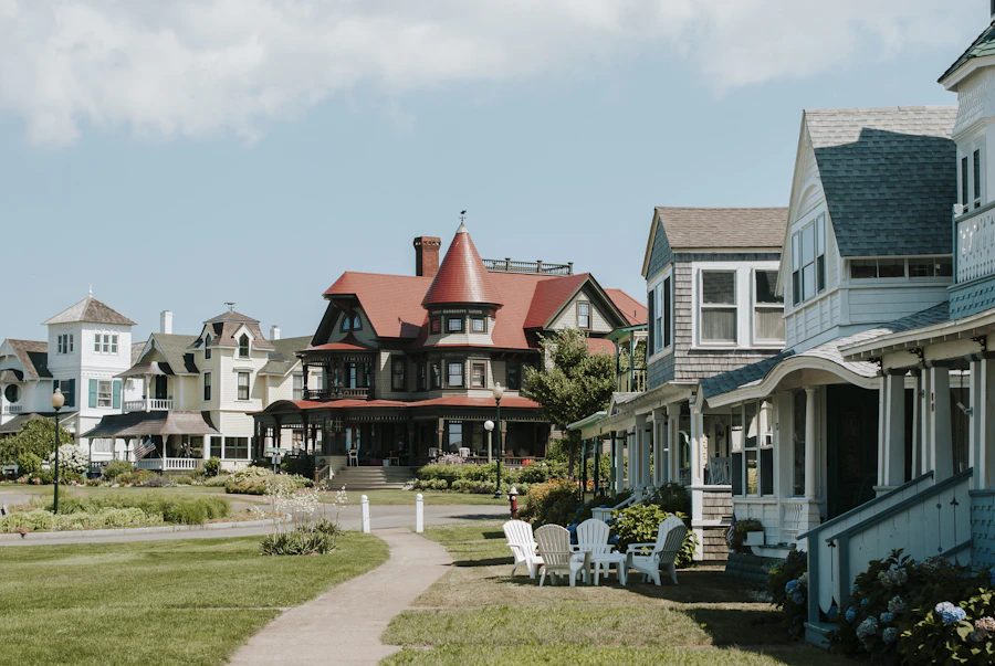 Painted gingerbread cottages around a green park in Oak Bluffs