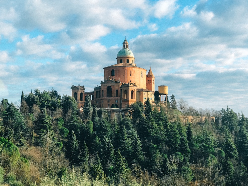 Braunes Betongebäude umgeben von grünen Bäumen unter weißen Wolken und blauem Himmel tagsüber