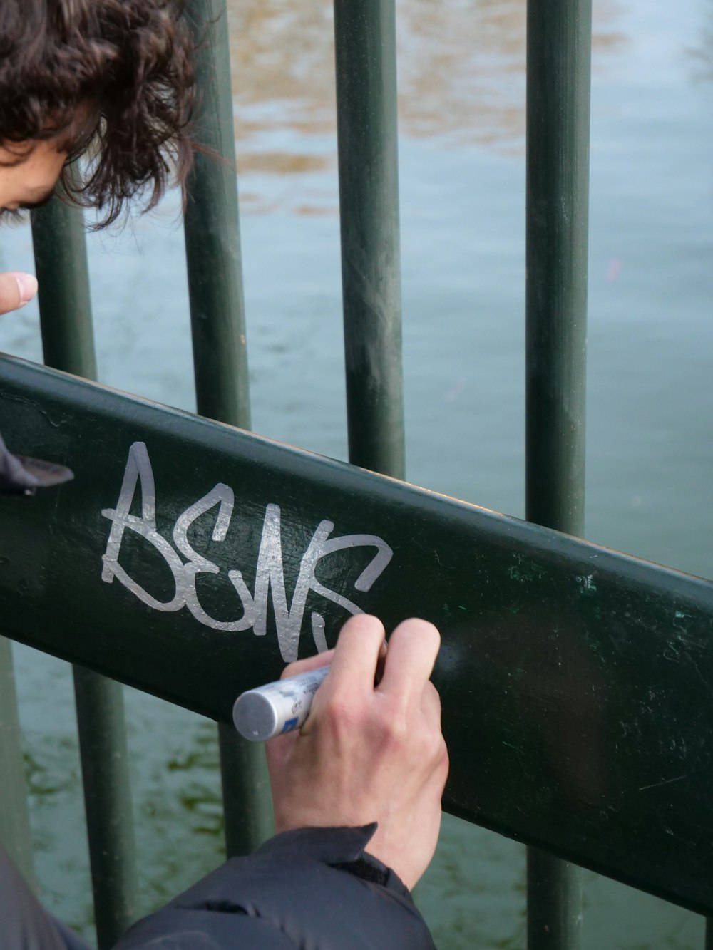 person holding green wooden railings